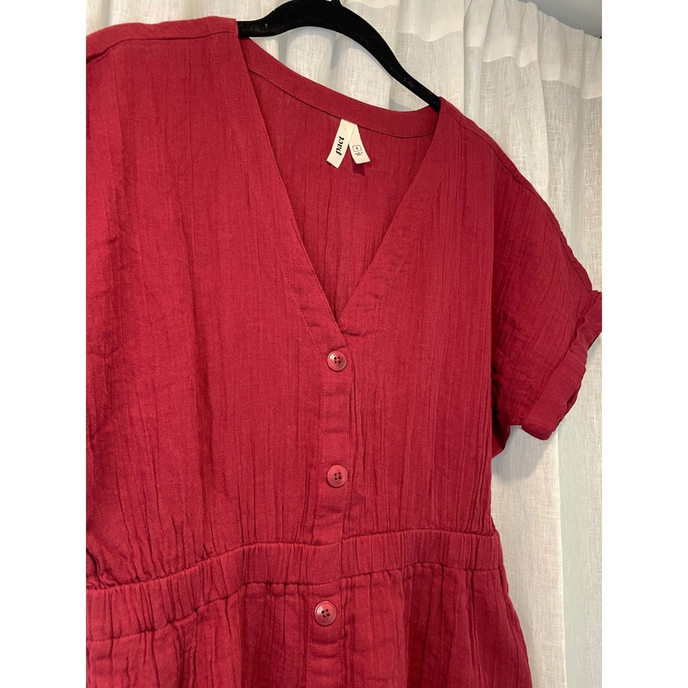 Pact Organic Cotton Gauze Midi Dress Burgundy Red Button Front V-Neck Small - Picture 3 of 3